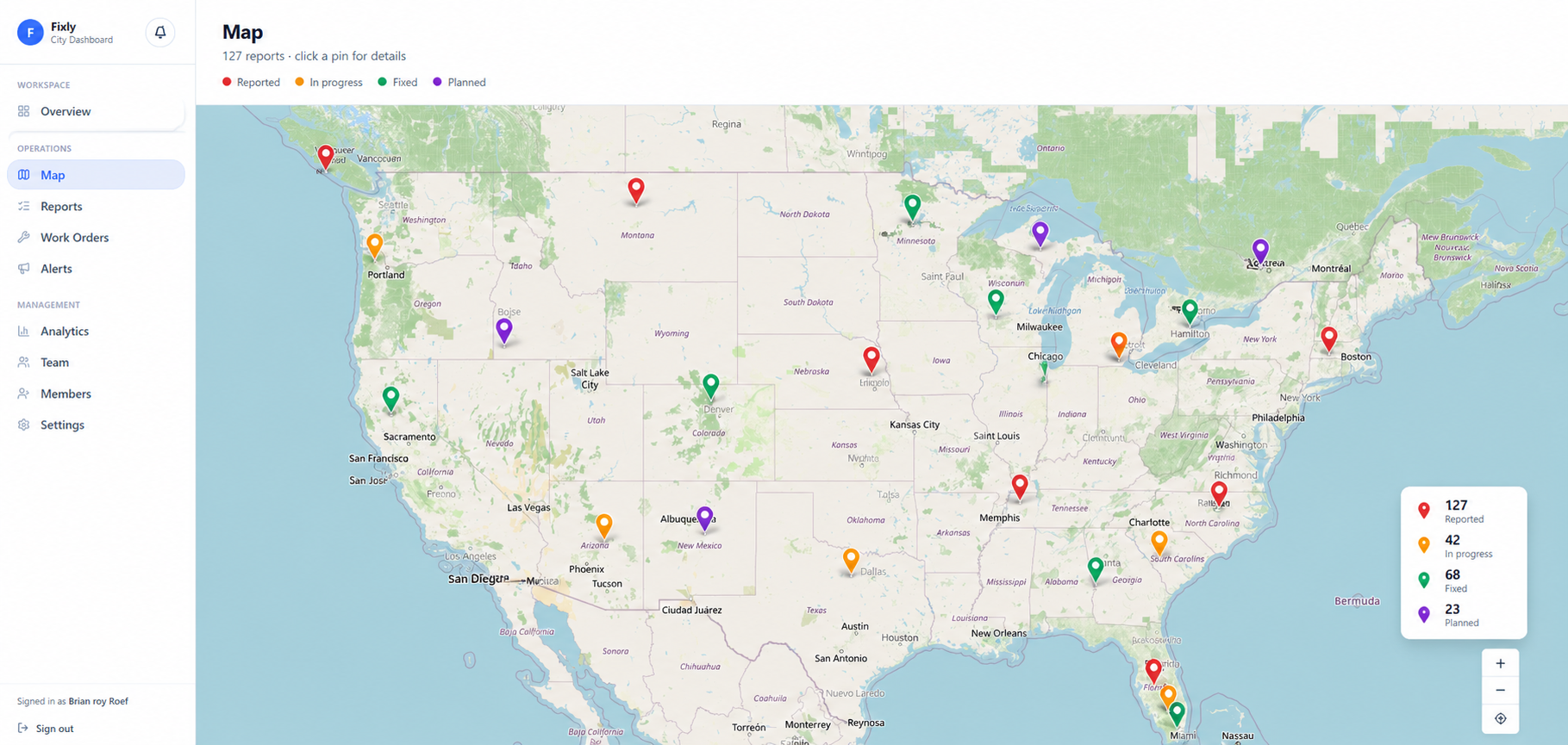 Fixly live city map showing reported, in-progress, fixed and planned issues across regions